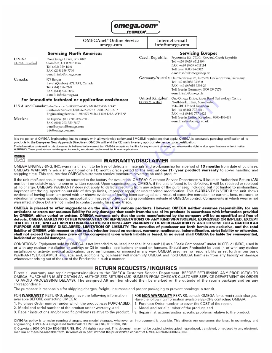 Omega Engineering FSW-410 Series Скачать руководство пользователя страница 3