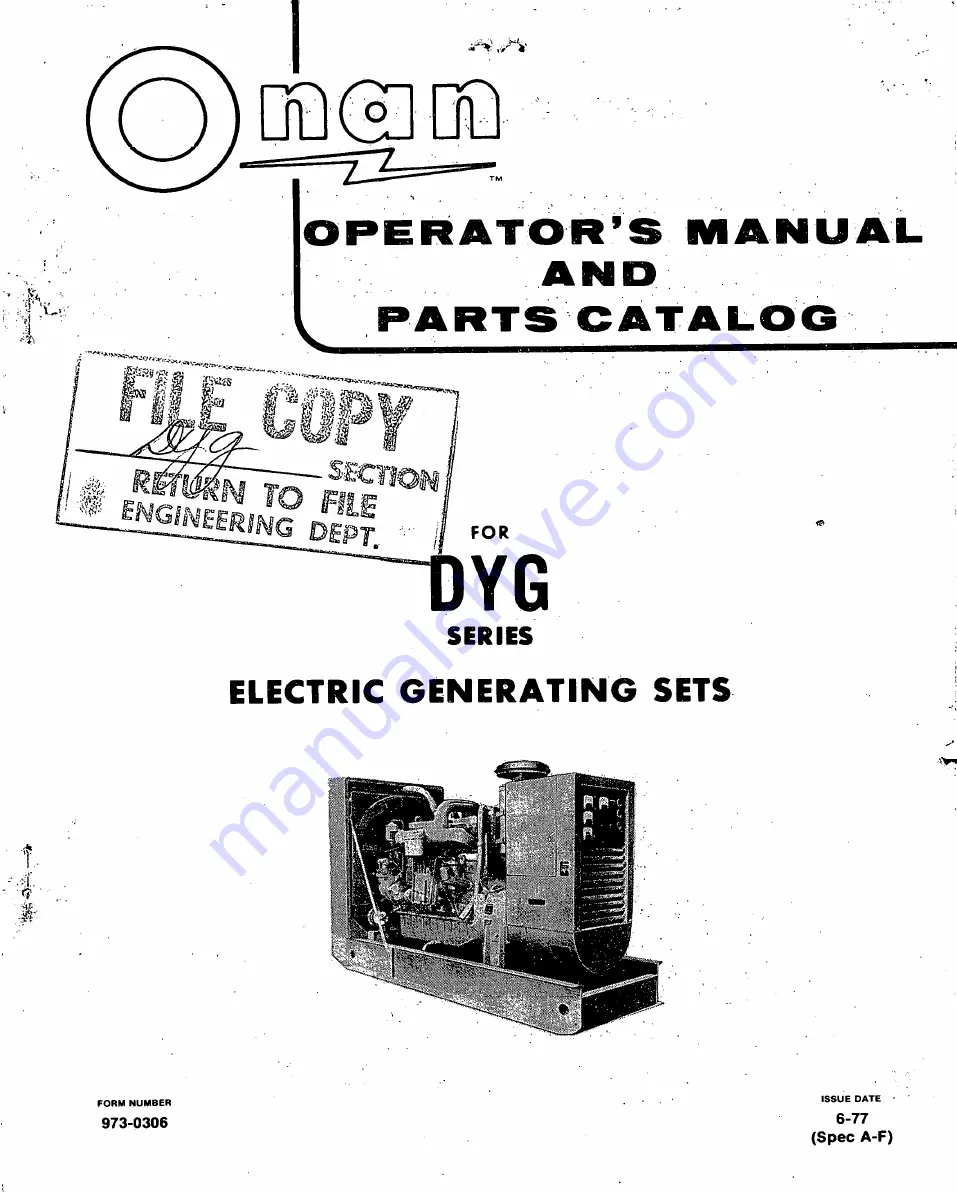 Onan DYG Series Operator'S Manual And Parts Catalog Download Page 1