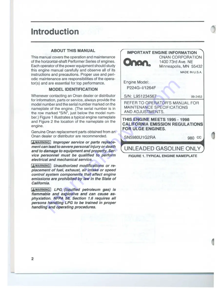 Onan Performer P216 Operator'S Manual Download Page 4