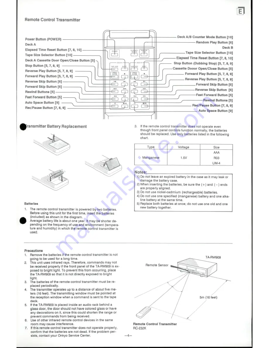 Onkyo TA-RW909 Instruction Manual Download Page 5