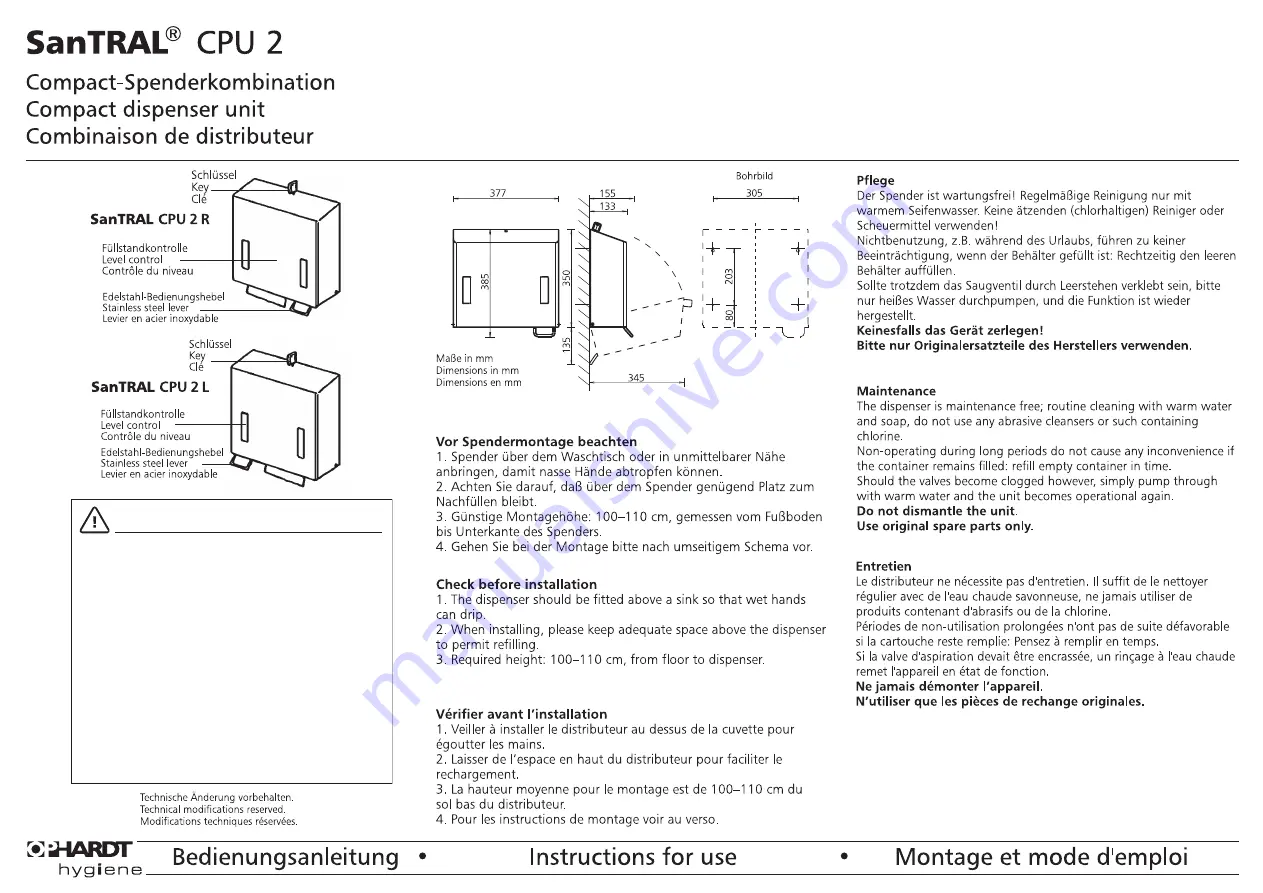 OPHARDT HYGIENE SanTRAL CPU 2 Instructions For Use Download Page 1