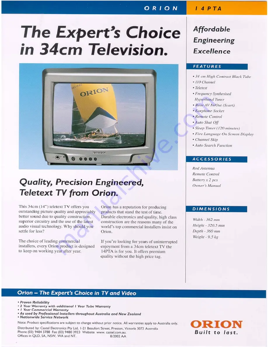 Orion 14PTA Specification Sheet Download Page 1