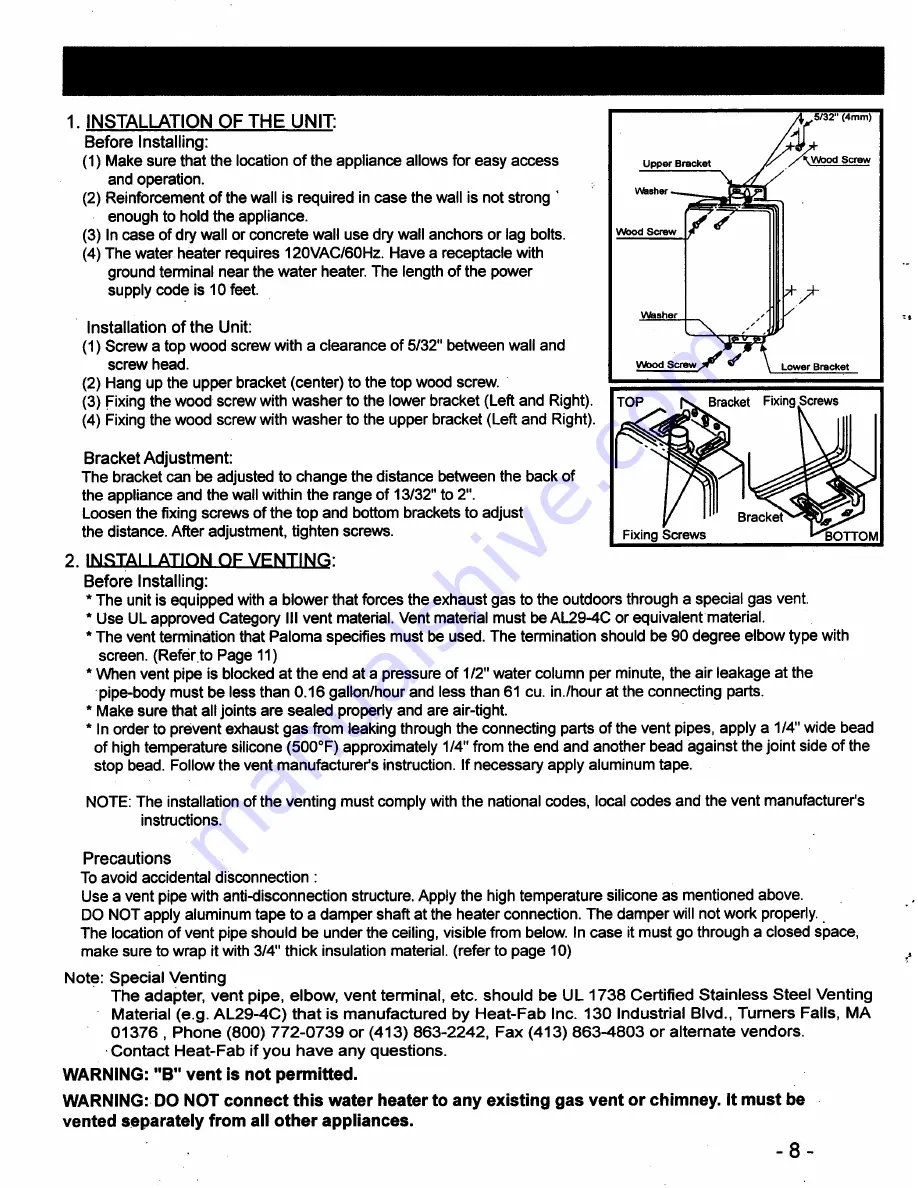 Paloma PH-16FSN Installation And Operating Instructions Manual Download Page 8