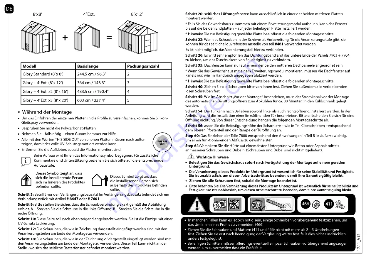 Palram Glory + 4' Ext. 8'x 12' Instructions Manual Download Page 8