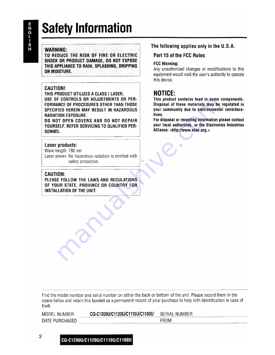 Panasonic CQC1200U - AUTO RADIO/CD DECK Operating Instructions Manual Download Page 2