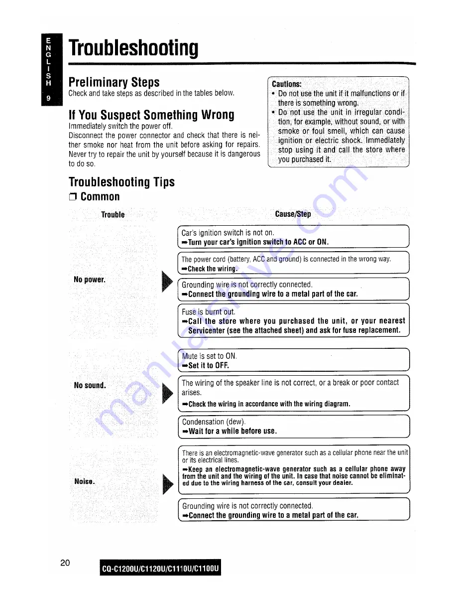 Panasonic CQC1200U - AUTO RADIO/CD DECK Operating Instructions Manual Download Page 20