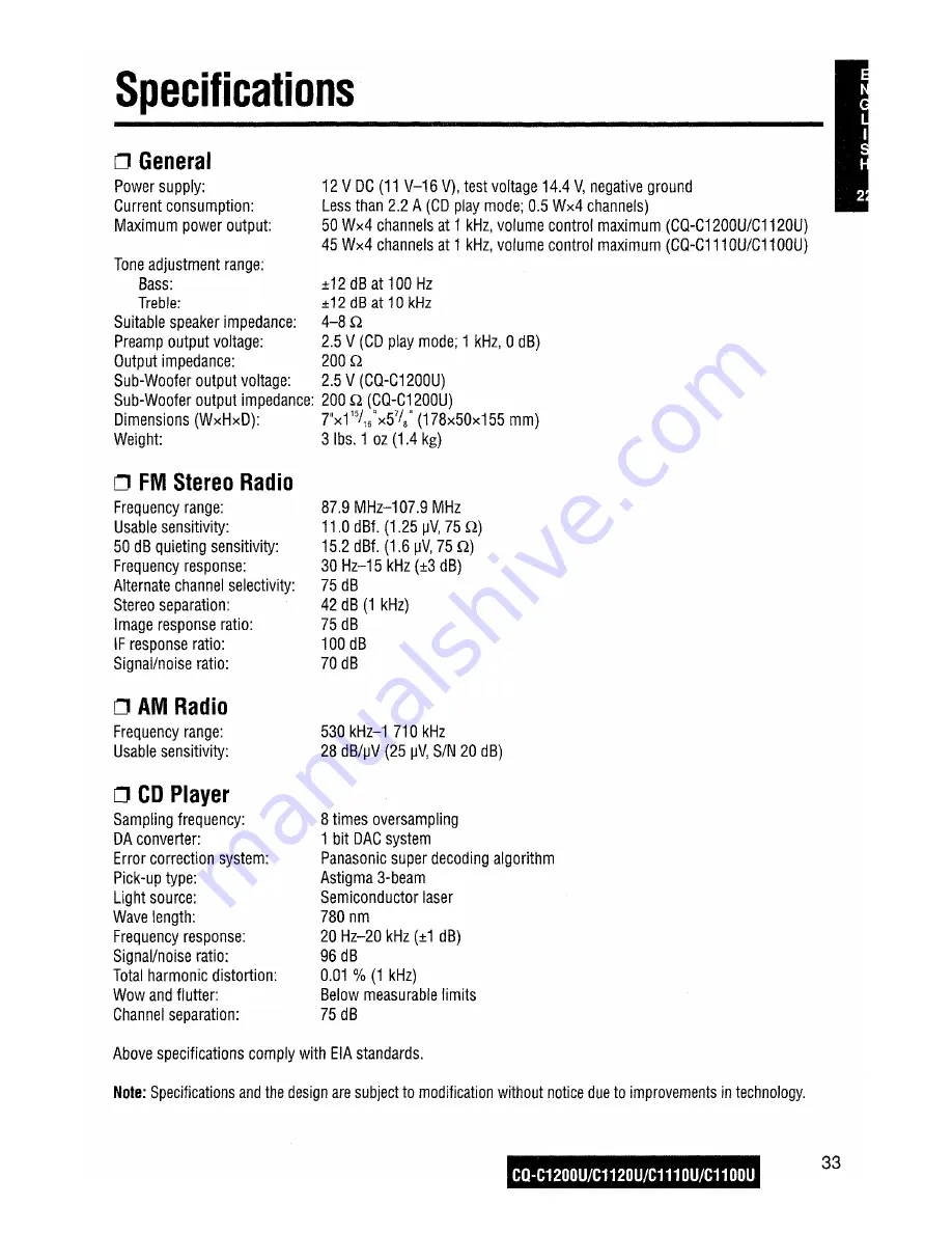 Panasonic CQC1200U - AUTO RADIO/CD DECK Operating Instructions Manual Download Page 33