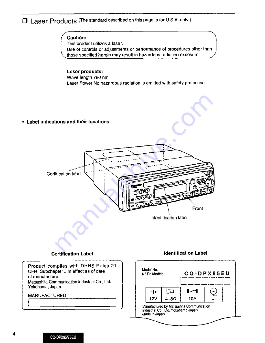 Panasonic CQDPX85EU - AUTO RADIO/CD DECK Скачать руководство пользователя страница 4