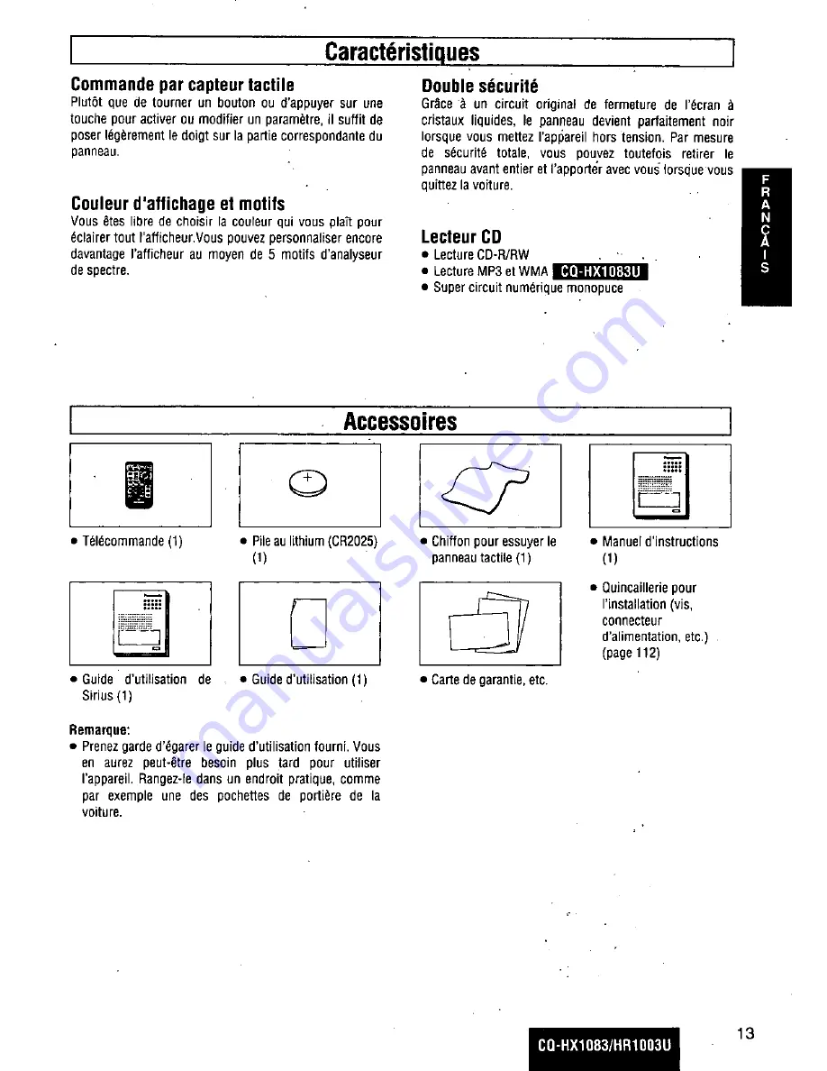 Panasonic CQHX1083U - AUTO RADIO/CD DECK Operating Manual Download Page 13