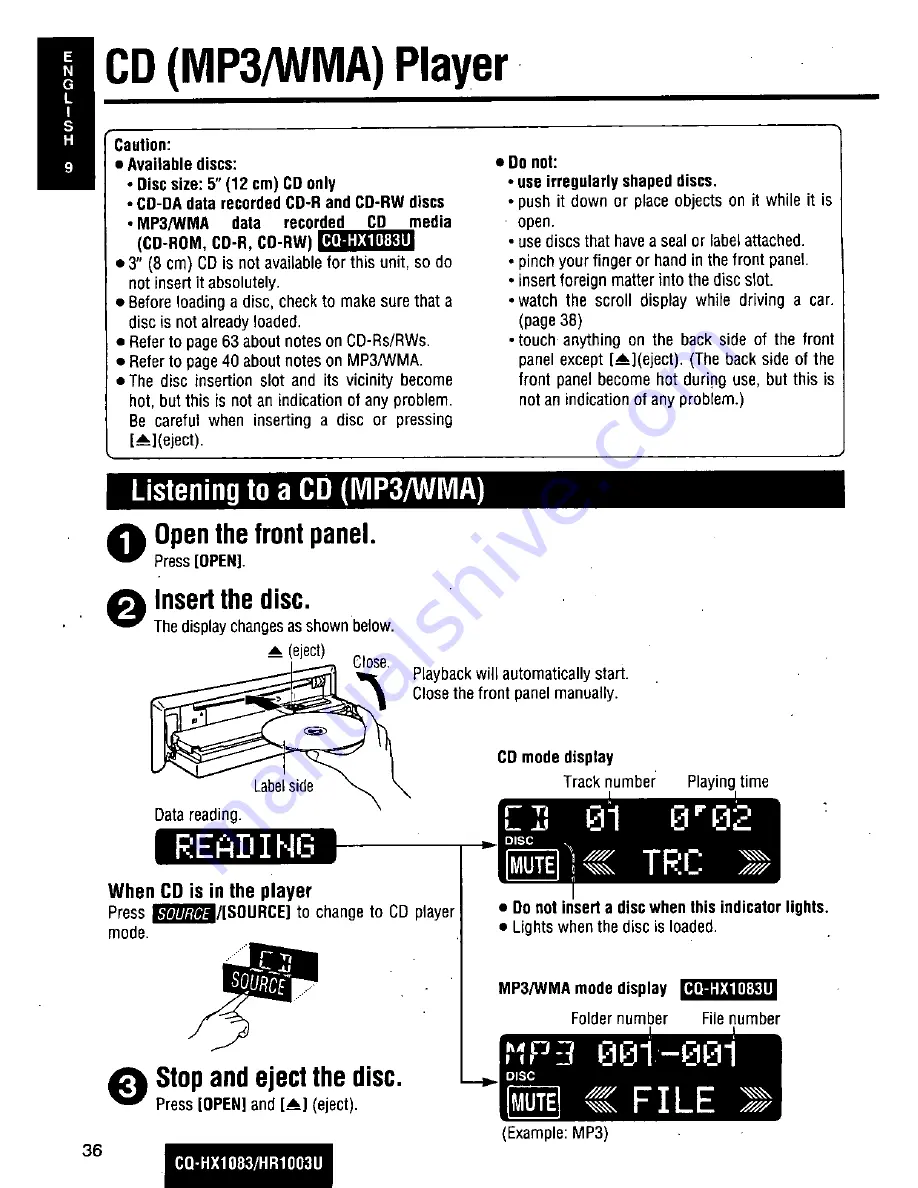 Panasonic CQHX1083U - AUTO RADIO/CD DECK Скачать руководство пользователя страница 36