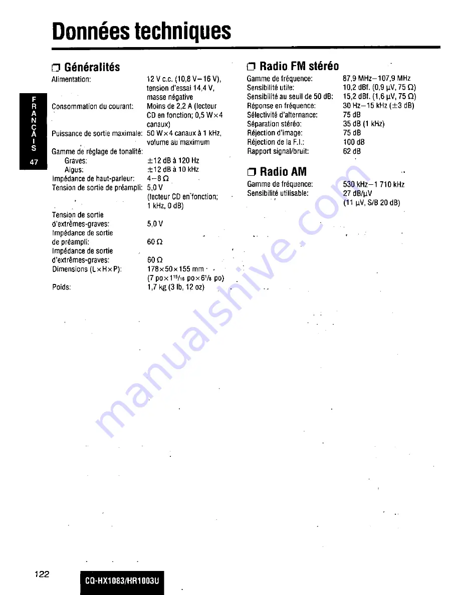 Panasonic CQHX1083U - AUTO RADIO/CD DECK Скачать руководство пользователя страница 122