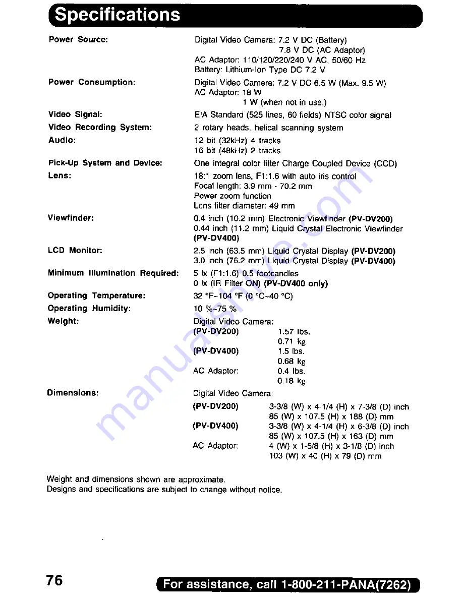 Panasonic Digital Palmcoder PalmSight PV-DV400 Скачать руководство пользователя страница 76