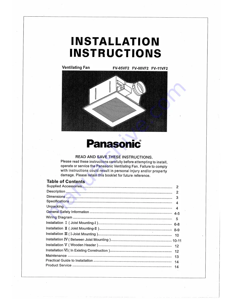 Panasonic FV-08VF2 Installation Instructions Manual Download Page 1