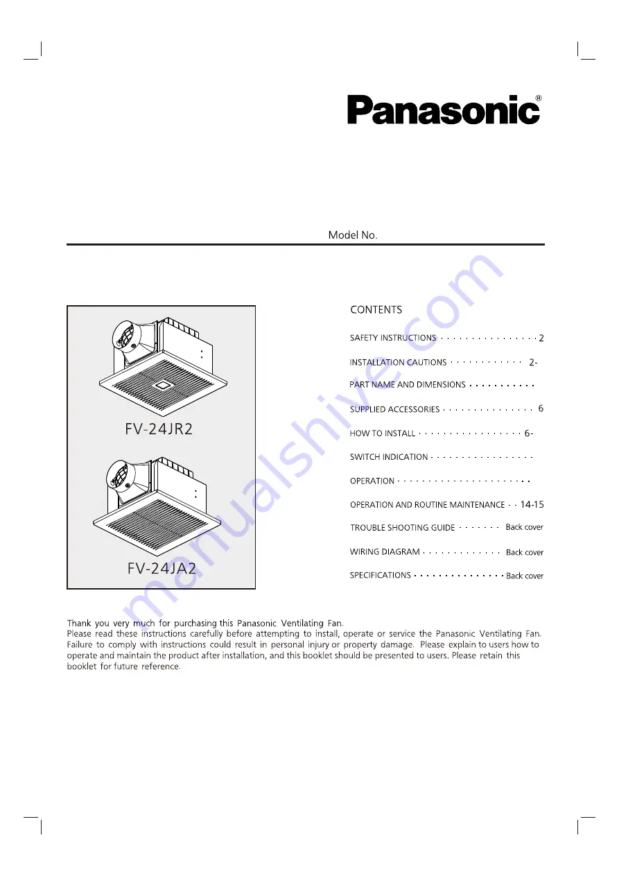 Panasonic FV-24JR2 Installation And Operationg Instructions Download Page 1