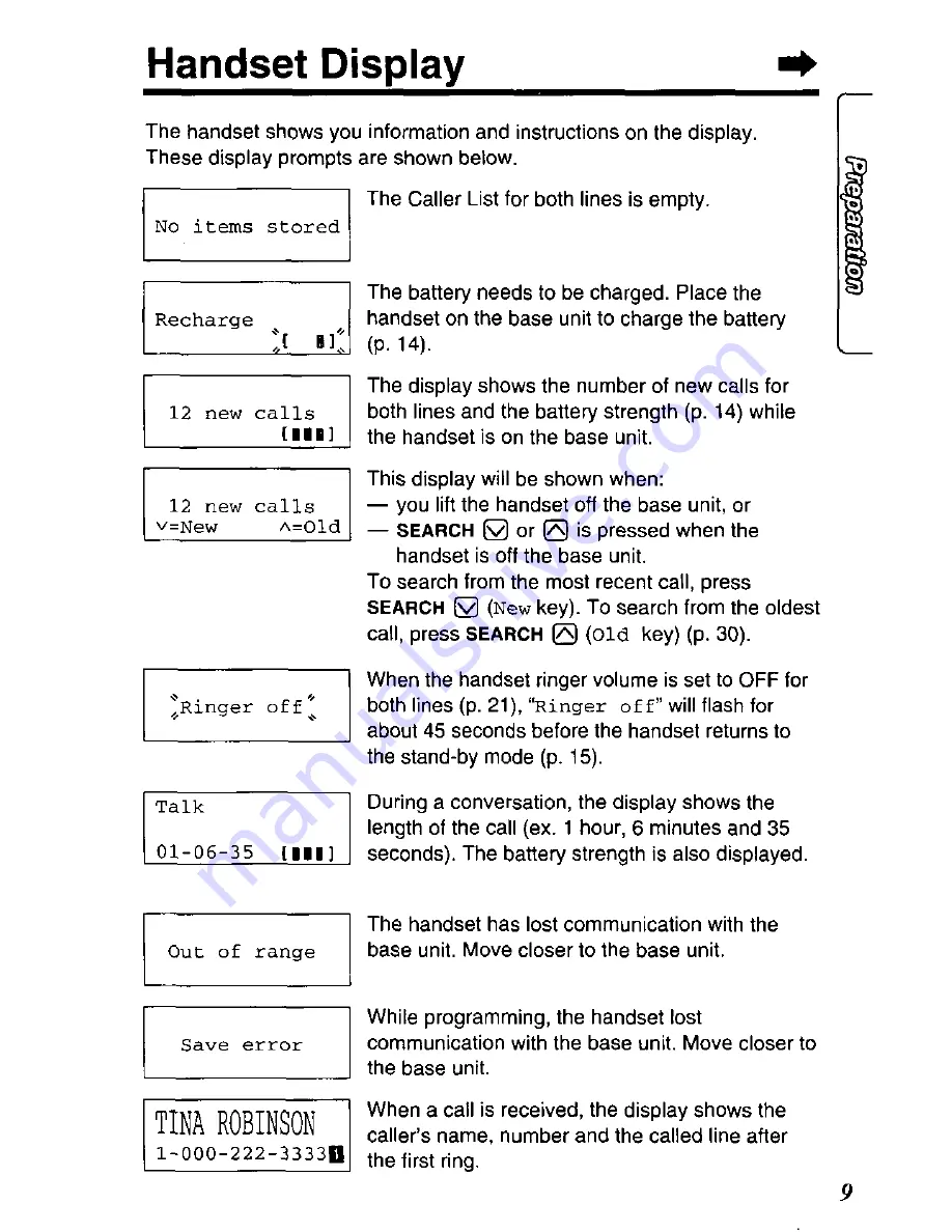 Panasonic KX-TC1721B - Specialized 2 Line 900 MHZ... Operating Instructions Manual Download Page 9