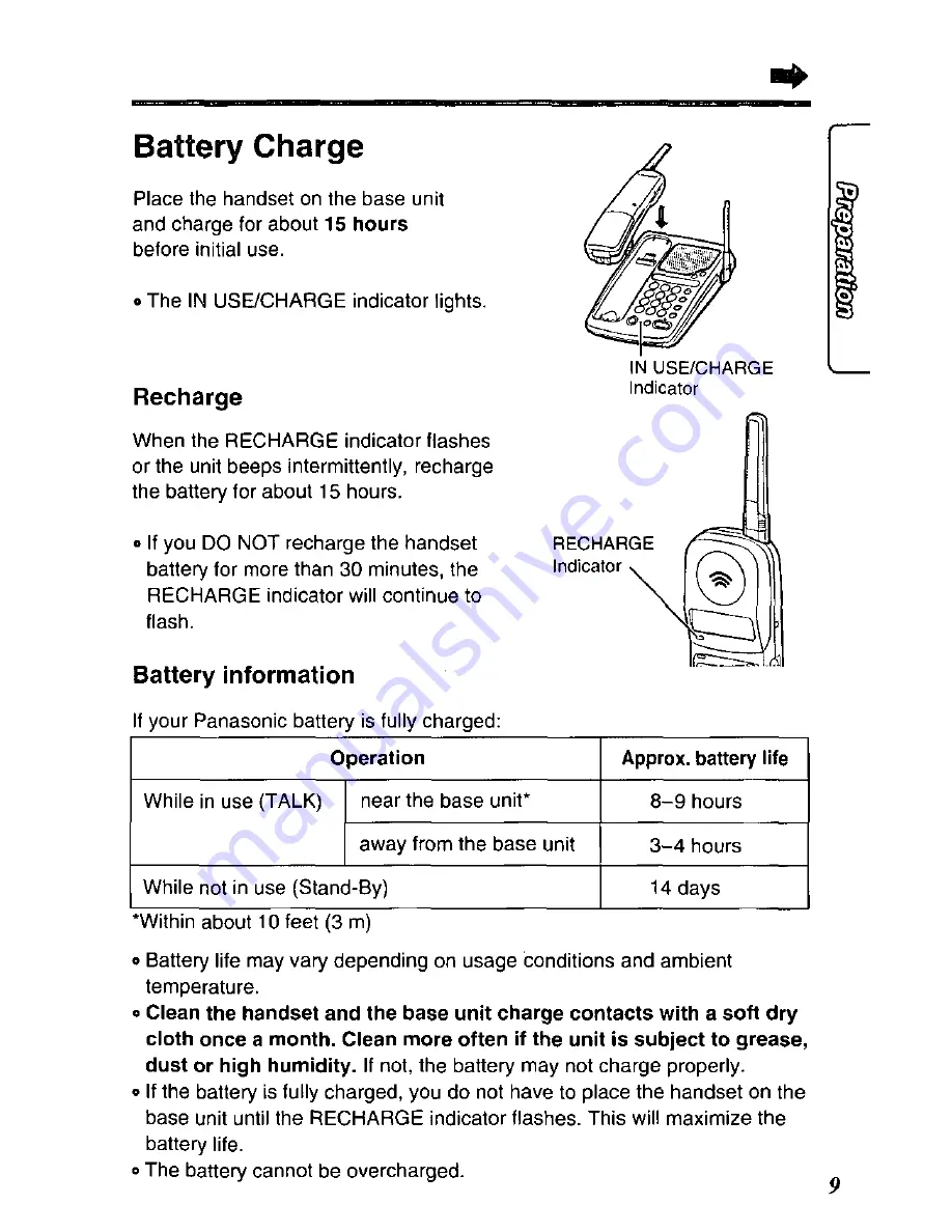 Panasonic KXTG210B - 2.4 GHZ CORDLESS PHO Скачать руководство пользователя страница 9