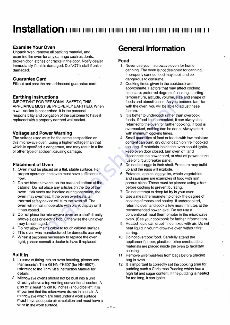 Panasonic NN-6507 Operating Instructions Manual Download Page 2