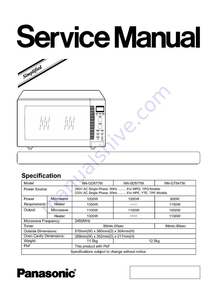 Panasonic NN-GD577M Service Manual Download Page 1