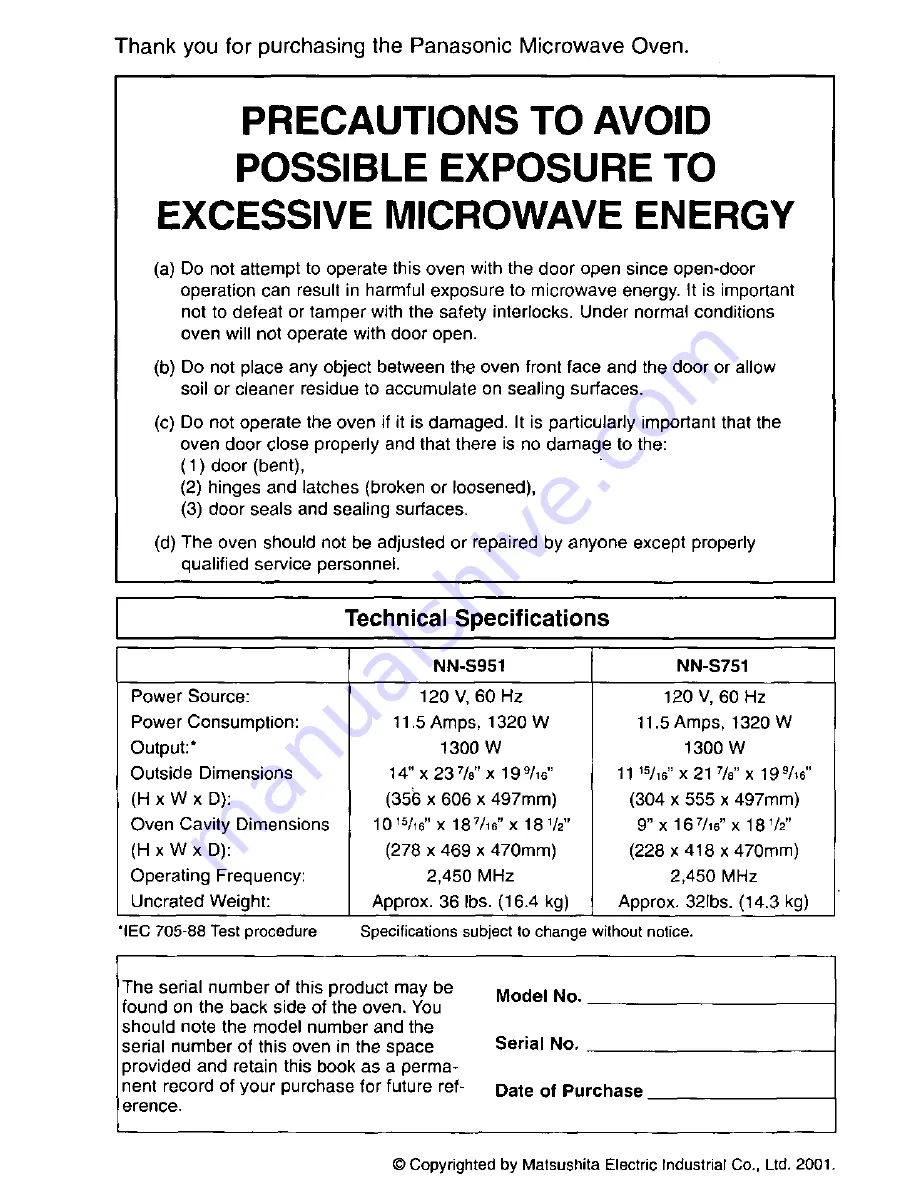 Panasonic NN-S951WF Operating Instructions Manual Download Page 2