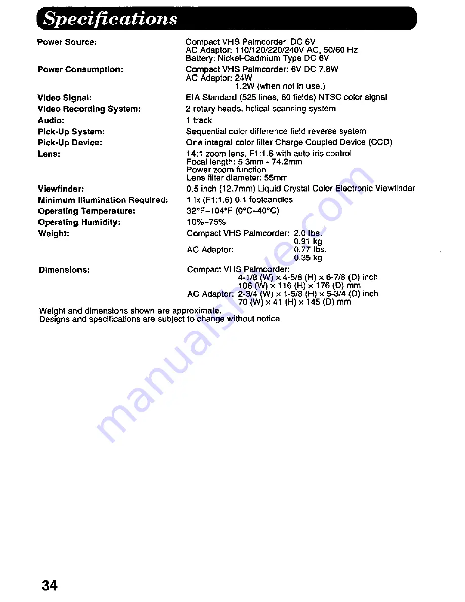 Panasonic Palmcorder PV-A296 User Manual Download Page 34