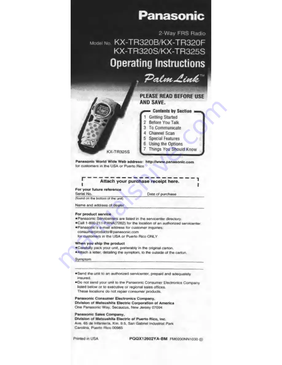 Panasonic PalmLink KX-TR320B Operating Instructions Manual Download Page 1