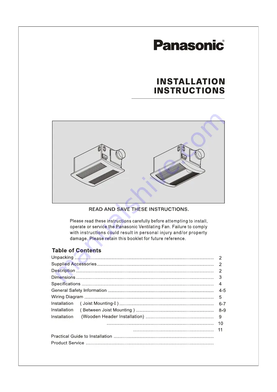 Panasonic PSCFV11VH2 Installation Instructions Manual Download Page 1