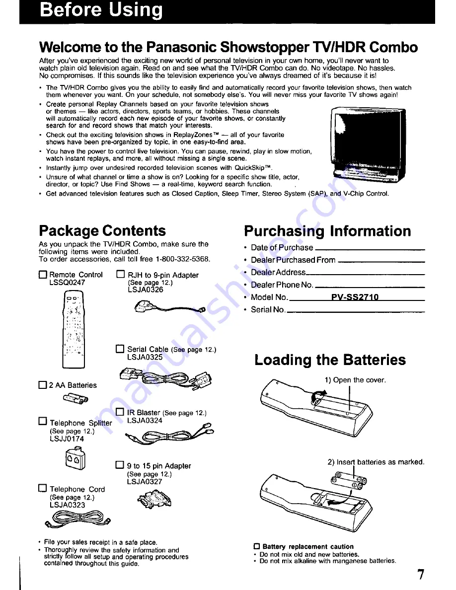 Panasonic PVSS2710 - TV/HDR COMBO Operating Manual Download Page 7