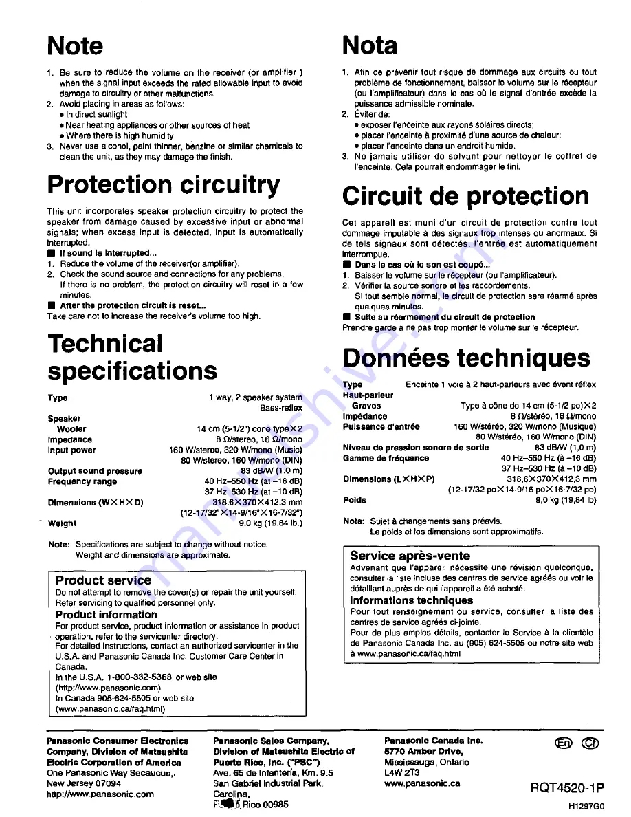 Panasonic SBW500 - SUBWOOFER SYS Operating Instructions Download Page 4