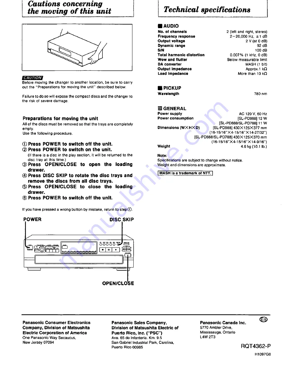 Panasonic SLPD888 - COMPACT DISC CHANGER Operating Manual Download Page 20