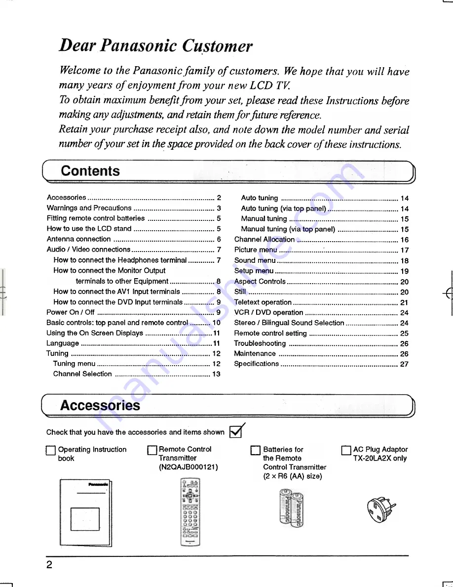 Panasonic TX-20LA2M Operating Instructions Manual Download Page 2