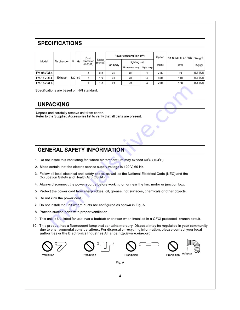 Panasonic Whisper-Lite FV-15VQL4 Installation Instructions Manual Download Page 4