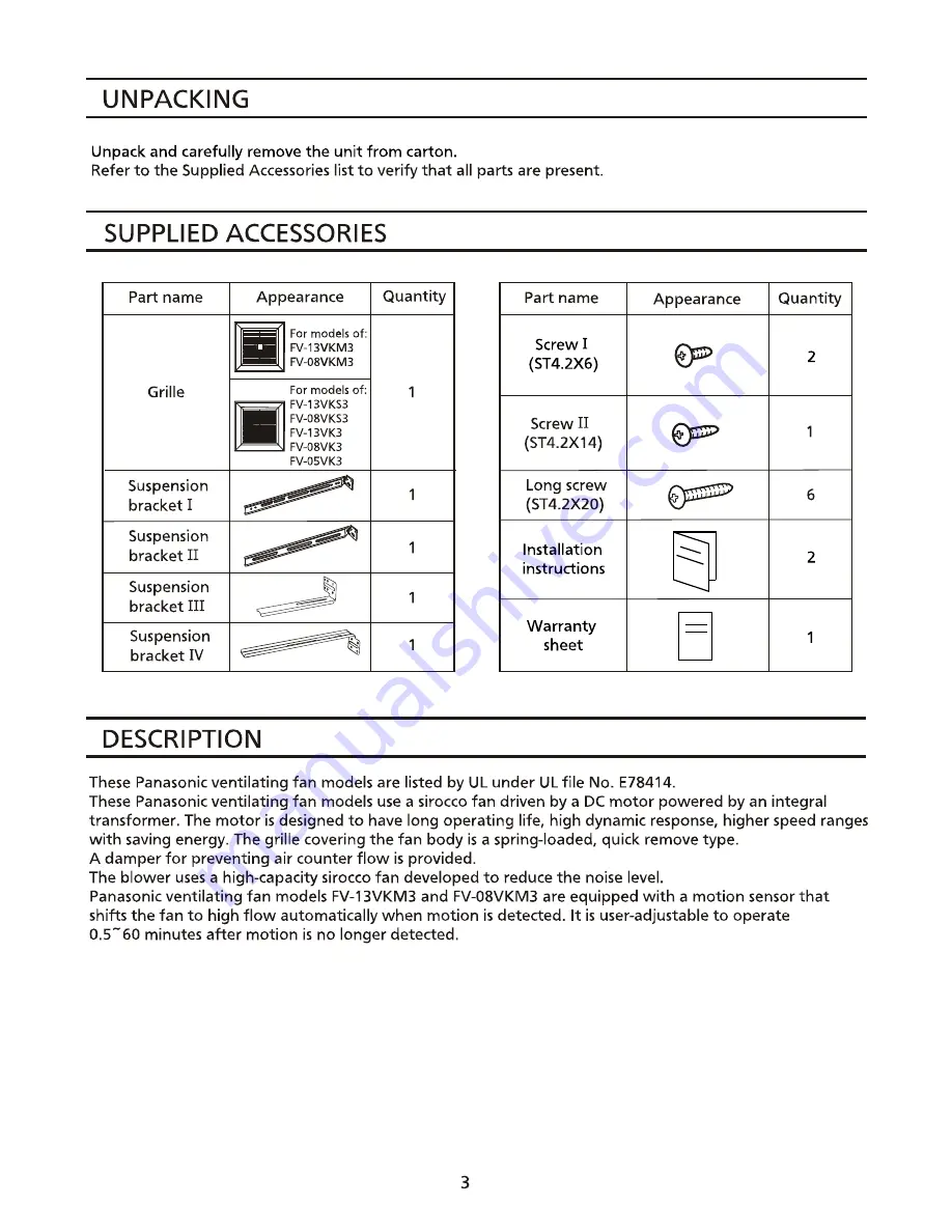 Panasonic WhisperGreen FV-13VKM3 Installation Instructions Manual Download Page 3