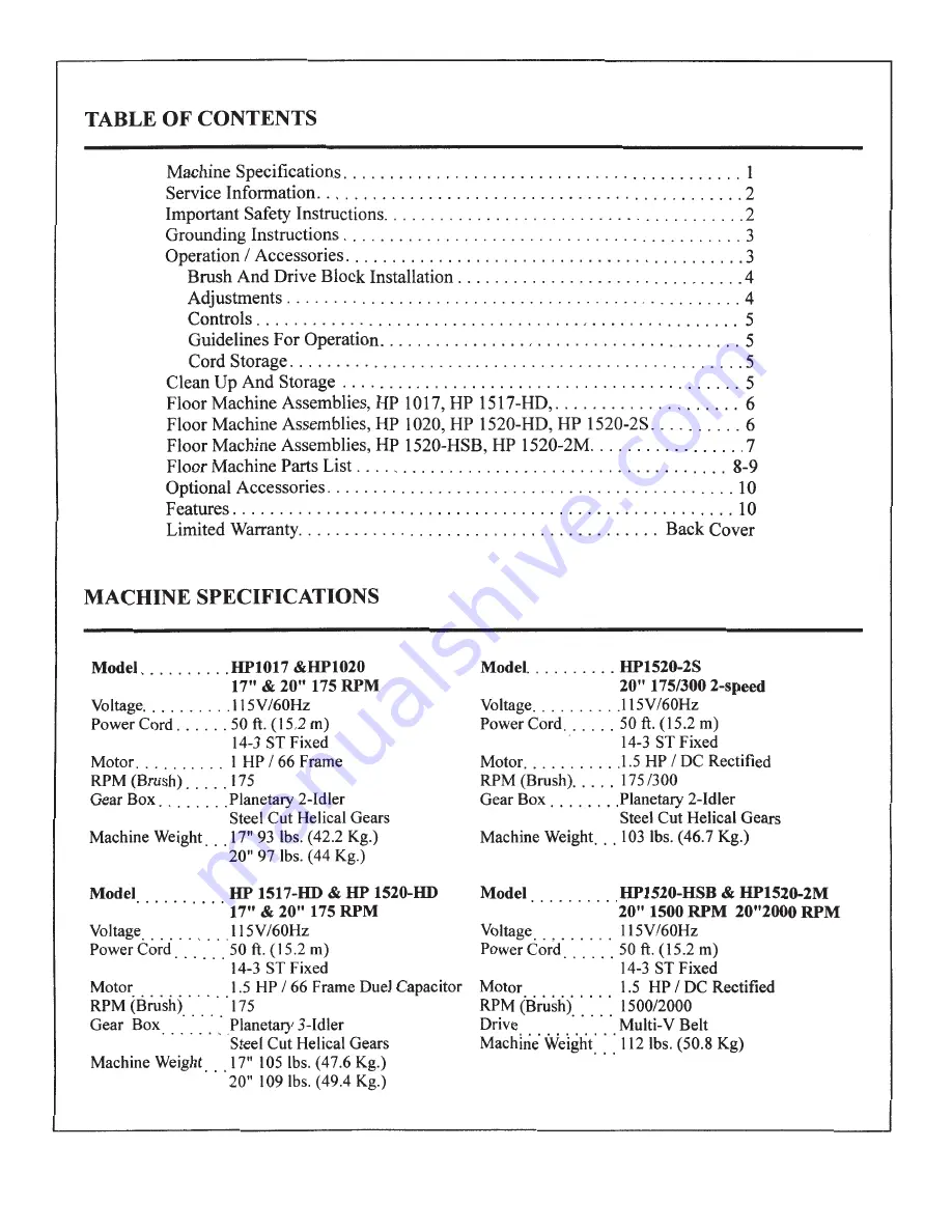 Parish Supply HP 1517 HD Owner'S Manual Download Page 2