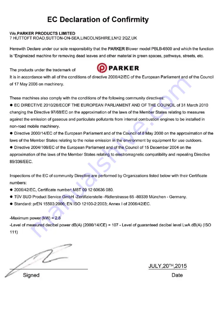 Parker TIMBERPRO PBLB-6500 Owner'S Manual Download Page 18