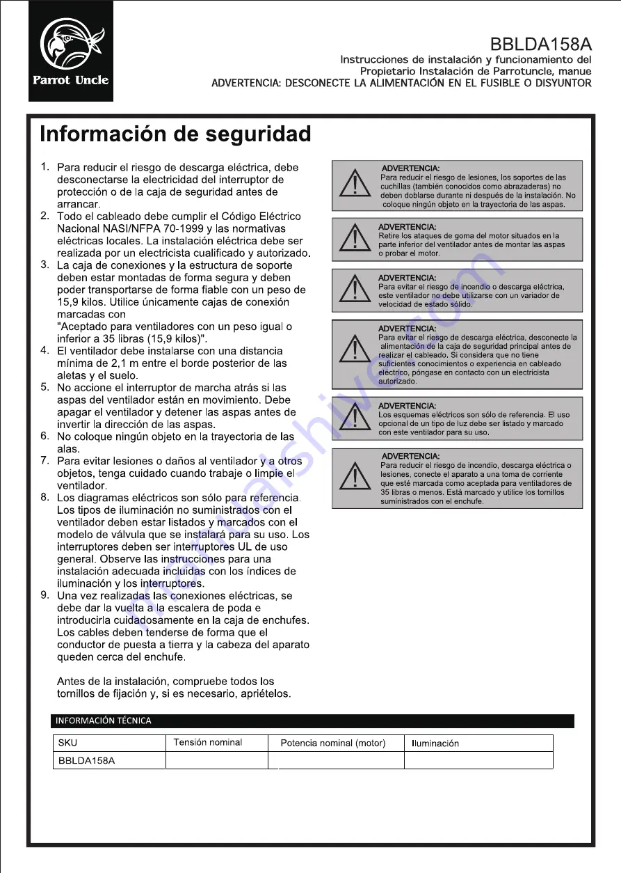 Parrot Uncle BBLDA158A Installation & Operating Instructions Manual Download Page 15