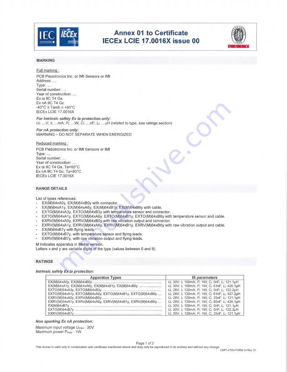 PCB Piezotronics IMI SENSORS EX640B61 Installation And Operating Manual Download Page 42