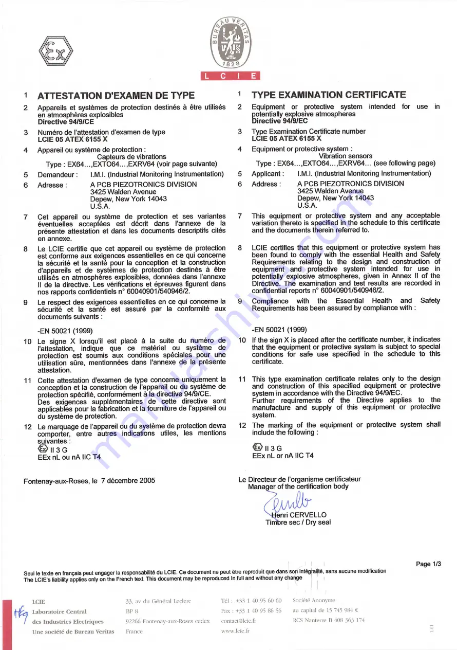 PCB Piezotronics IMI SENSORS EX640B61 Installation And Operating Manual Download Page 62