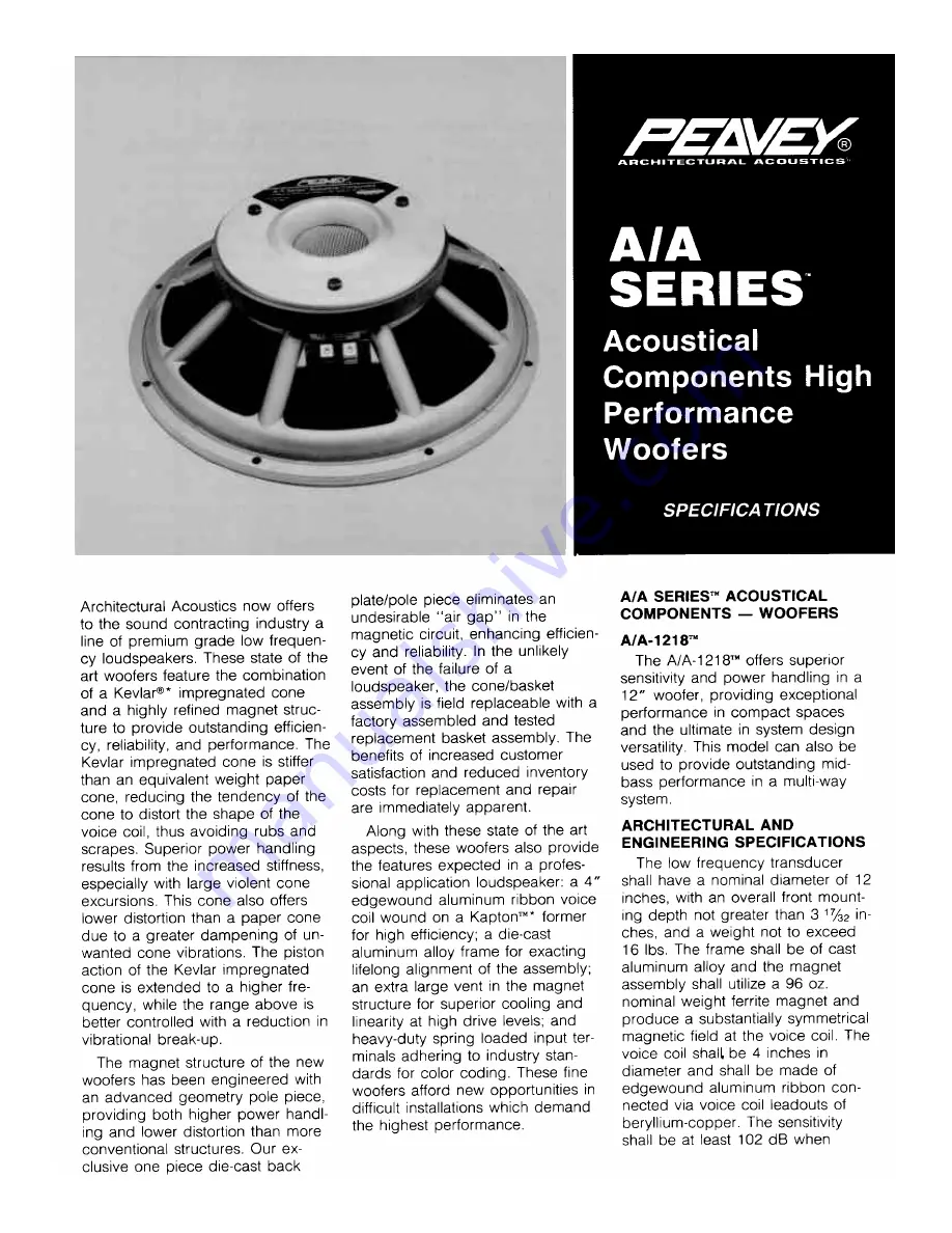 Peavey A/A Series Specifications Download Page 1