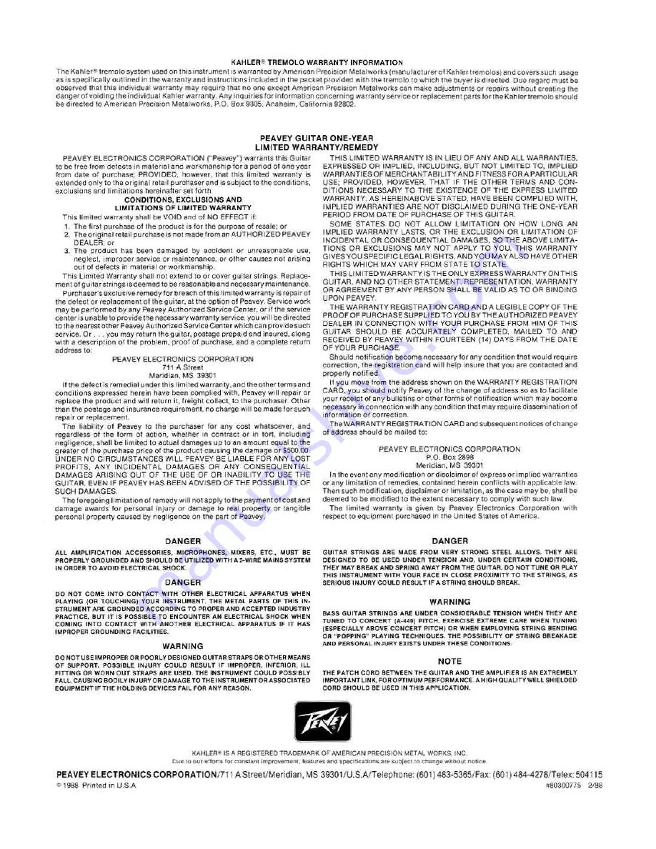 Peavey Adrian Vandenberg Operating Manual Download Page 4