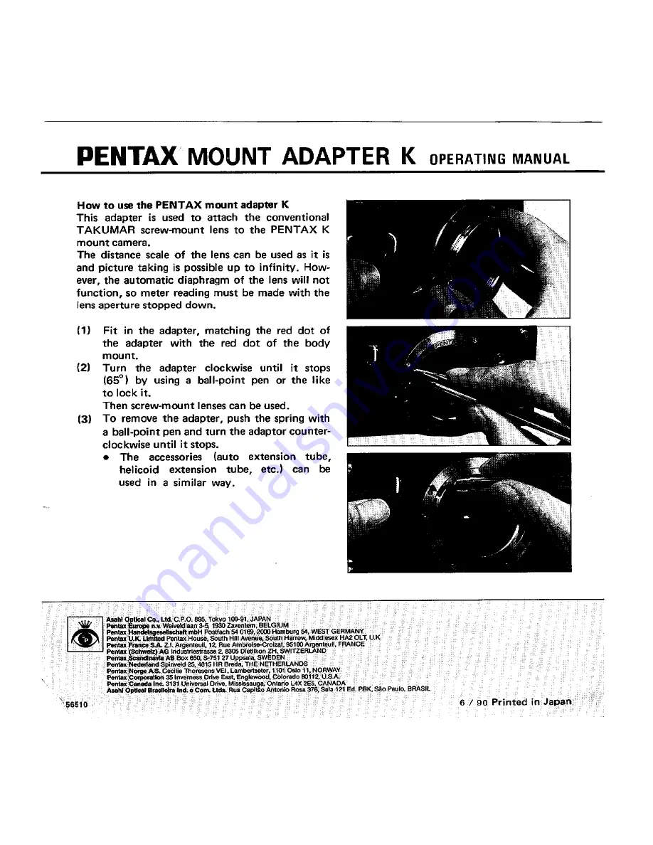 Pentax Mount Adapter K Operating Manual Download Page 1