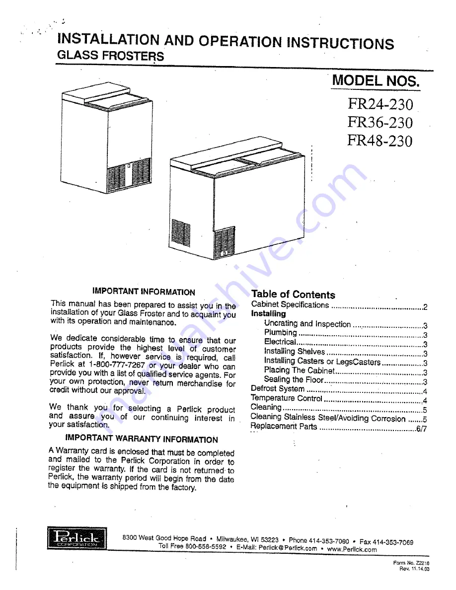 Perlick FR24-230 Installation And Operation Instructions Manual Download Page 1