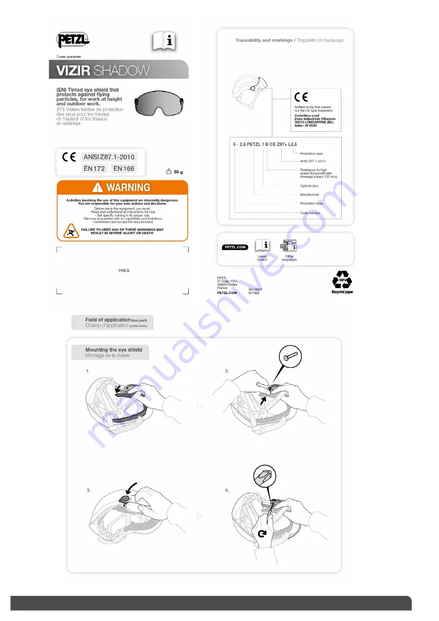 Petzl VIZIR SHADOW Technical Notice Download Page 1