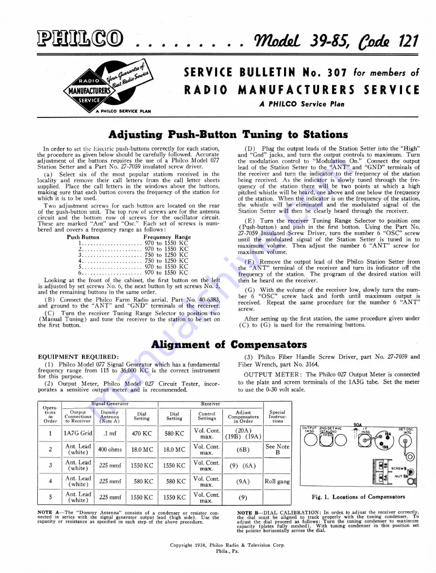 Philco 39-85 Service Bulletin Download Page 1