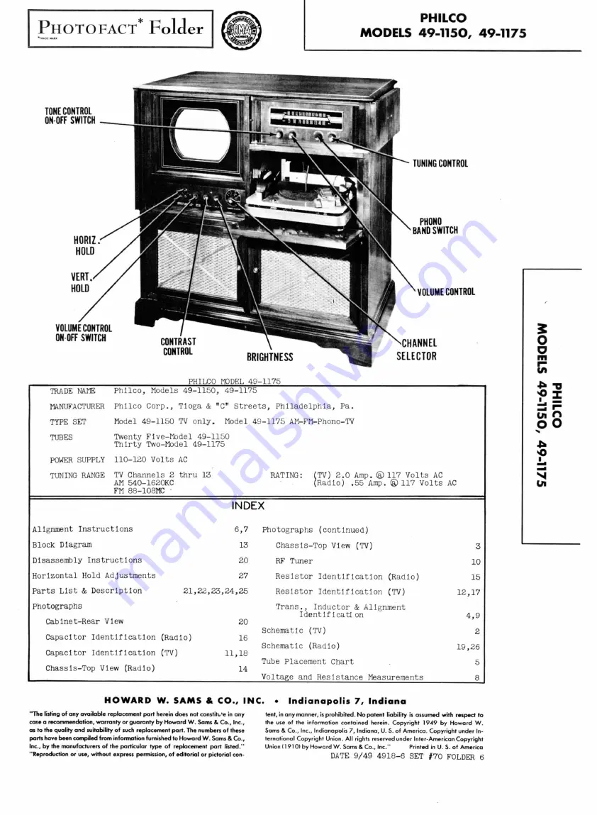 Philco PHOTOFACT 49-1150 Quick Start Manual Download Page 1