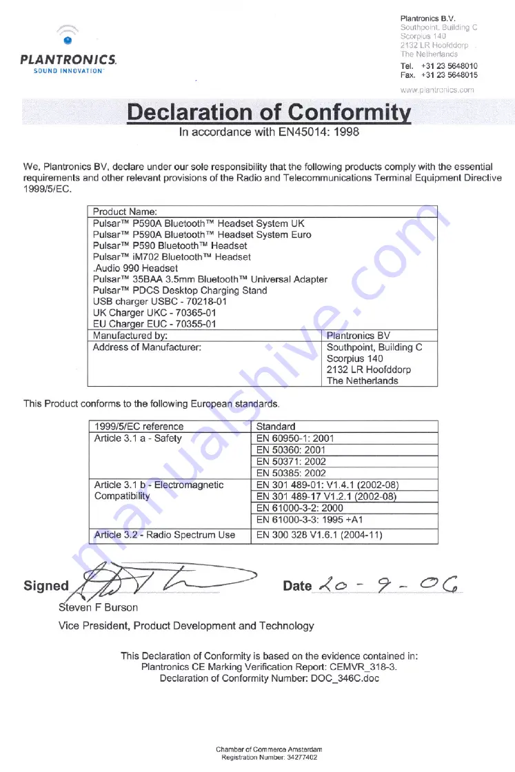 Plantronics AUDIO 990 Declaration Of Conformity Download Page 1