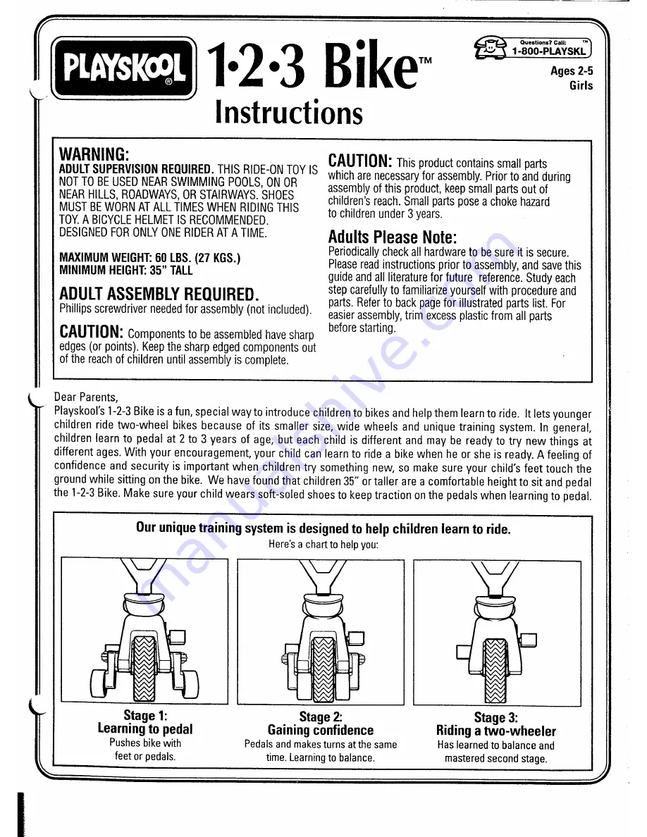 Playskool 1-2-3 Bike Instructions Download Page 1