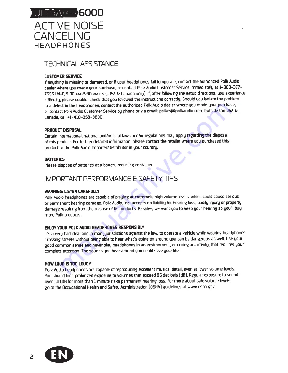 Polk Audio Ultrafocus 6000 Owner'S Manual Download Page 2