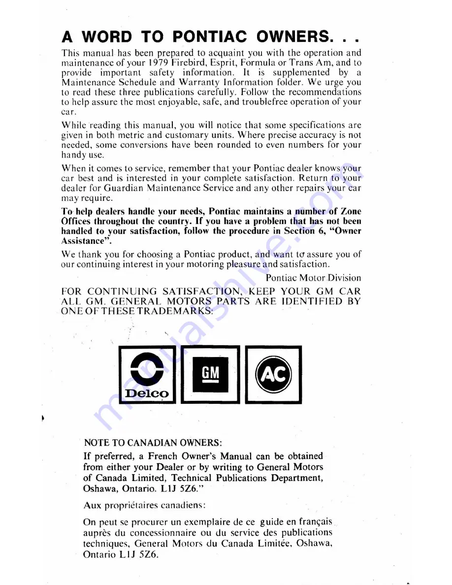 Pontiac 1979 Firebird Owner'S Manual Download Page 3