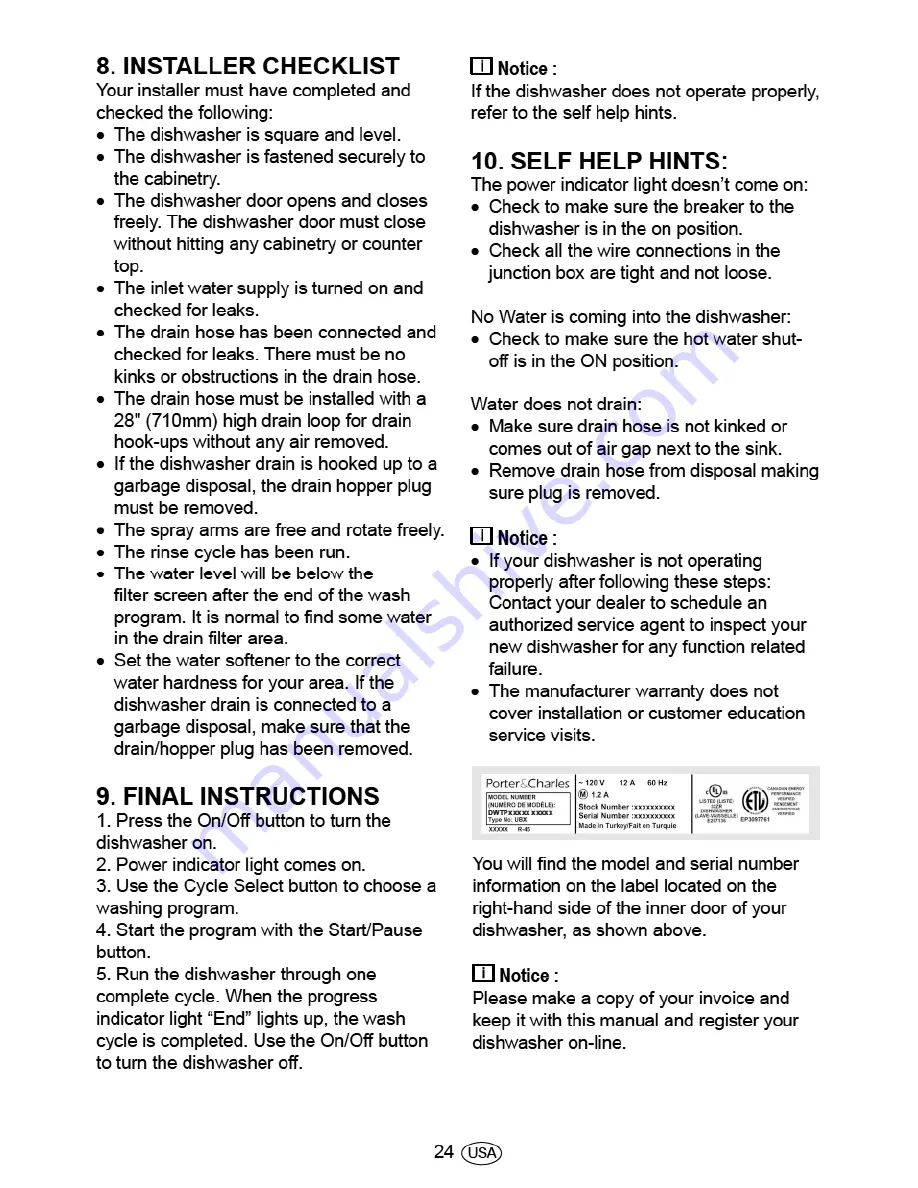 Porter & Charles DWTPC6FI Installation Manual Download Page 27