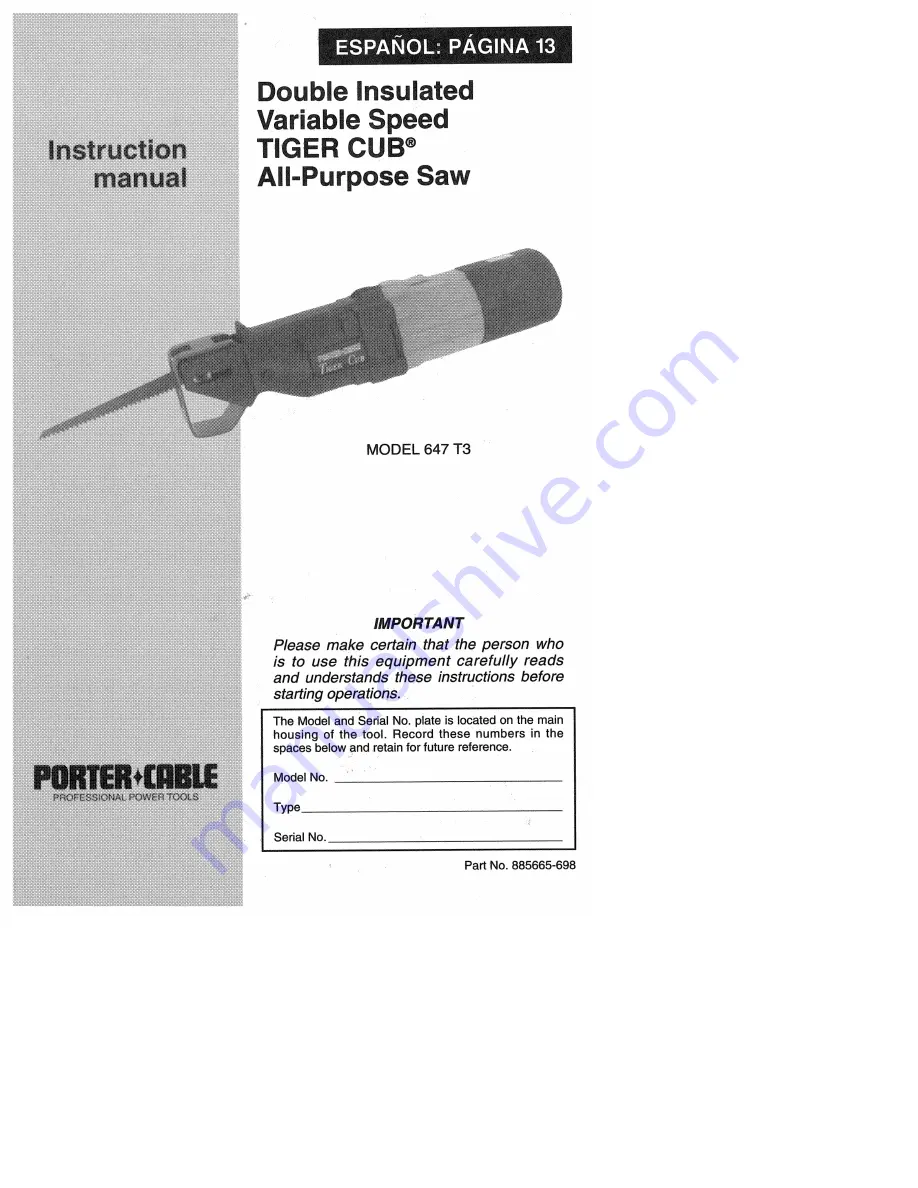 Porter-Cable TIGER CUB 647 T3 Скачать руководство пользователя страница 1